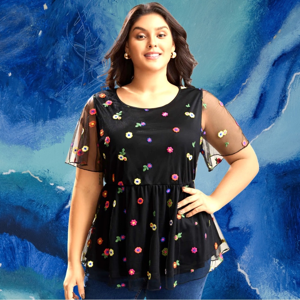 🆕Bloomchic Women’s plus-size Black Mesh Floral Multicolor Peplum Blouse💜💜3X